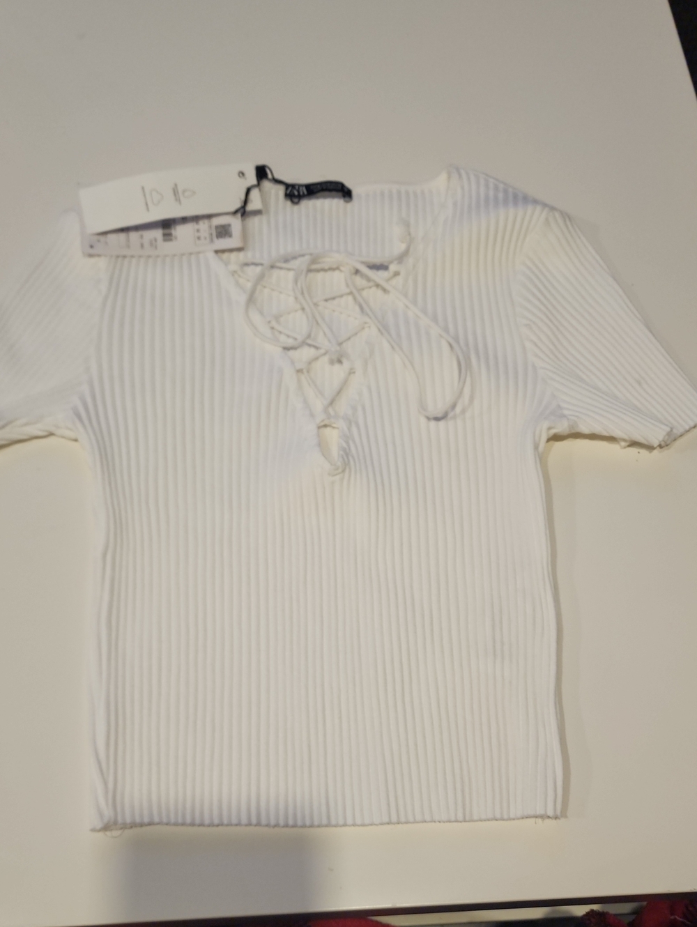 White Lace-Up Ribbed Short Sleeve Top